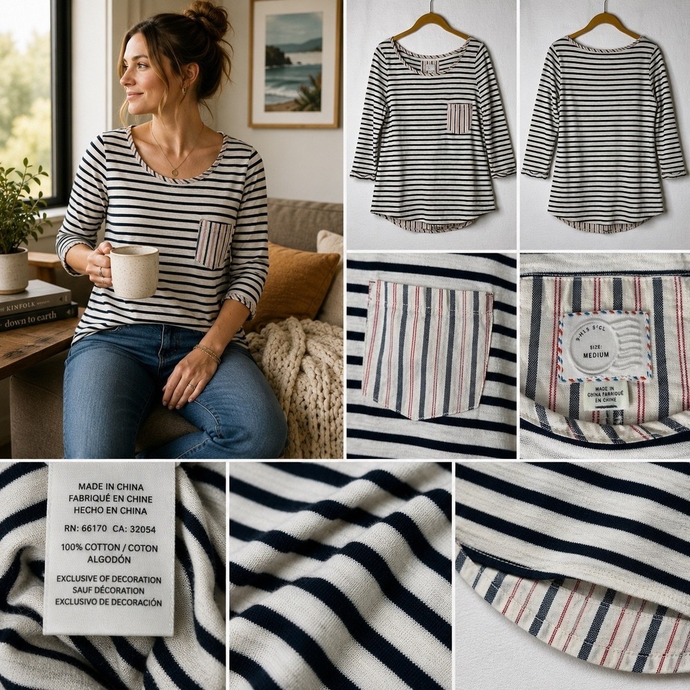 Postmark Anthropologie Striped Mixed Media Button Back Top Navy Red Medium Boho